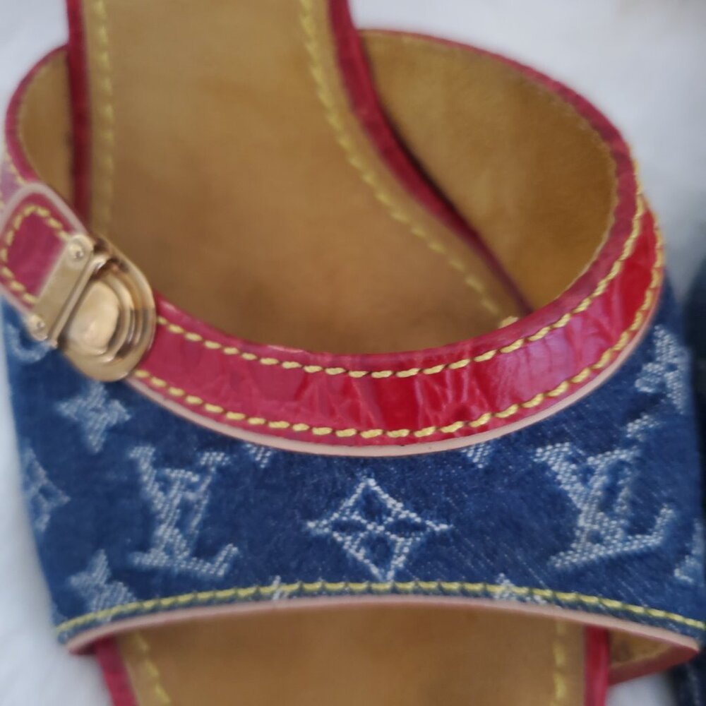 Louis Vuitton Monogram Denim Slide Sandals Red Leather Y2K LV Mule Luxury Size 9 - Picture 9 of 16